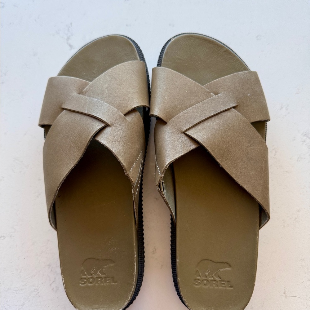 Sorel Olive/Taupe Crossband Slide Sandals
